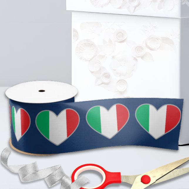 Italian Flag Hearts on Royal Blue Satin Ribbon (Navy Blue satin ribbon with Italian Flag Hearts for Italian gift wrapping and crafts)