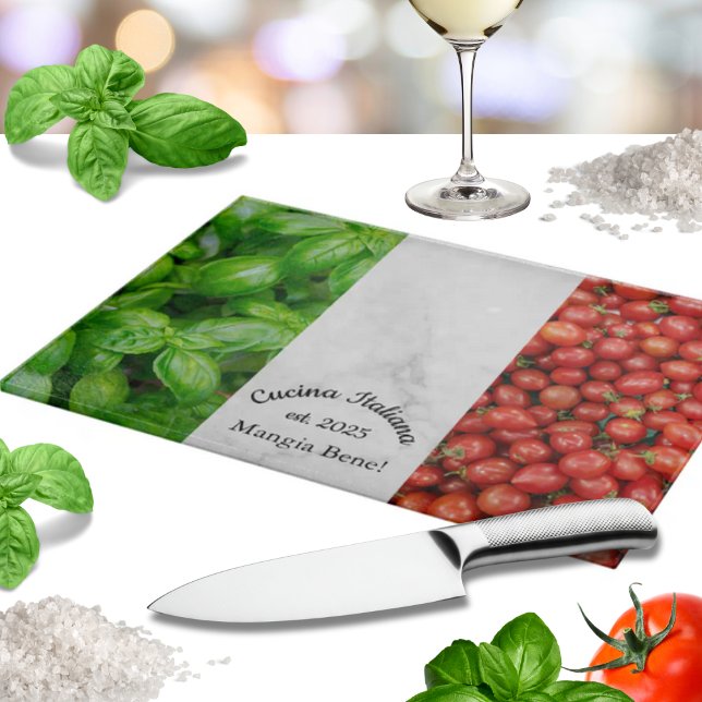 Italian Flag of Basil, Marble, and Tomatoes Cutting Board (Italian Flag of Basil, White Marble, and Tomatoes Glass Cutting Board with custom wording)