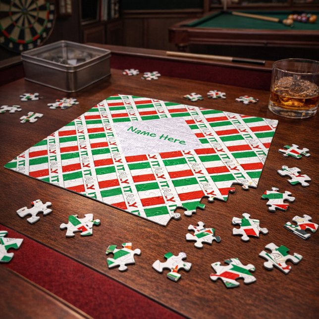 Italian Flag Republic Day Pride Personalized Gift Jigsaw Puzzle (Personalized jigsaw puzzle has tiled Italian Flag and ITALY. White fractal for a name.)