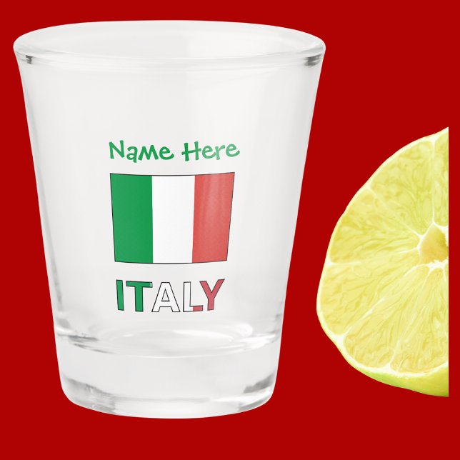 Italian Flag Republic Day Pride Personalized Gift Shot Glass (Italian flag on a shot glass with the word ITALY below in flag colors. Add a name above.)