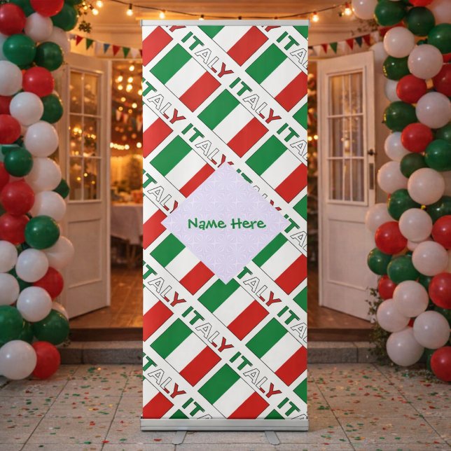 Italian Flag Tiled Personalized Heritage Design Retractable Banner (Personalized retractable banner has tiled Italian Flag and ITALY. Add a name inside white fractal.)