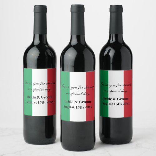 Italian flag wine bottle label for wedding party