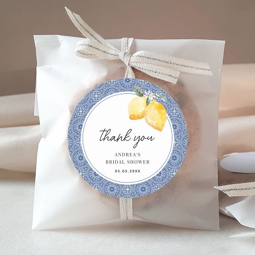 Italian Floral  Blue Tile Bridal Shower Thank You Classic Round Sticker