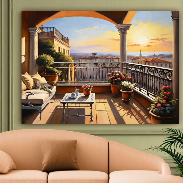 Italian Florence Sunset Balcony with Sleeping Cat Acrylic Print (Wall art featuring a painting of a sunset as seen from an Italian Tuscan balcony - with cute cat)