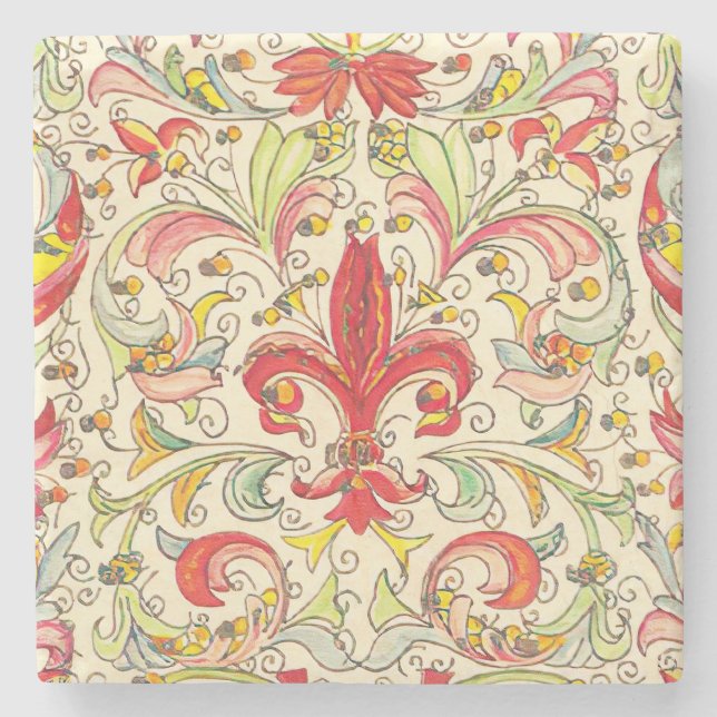 Italian Florentine Fleur de Lis Pattern Stone Coaster (Front)