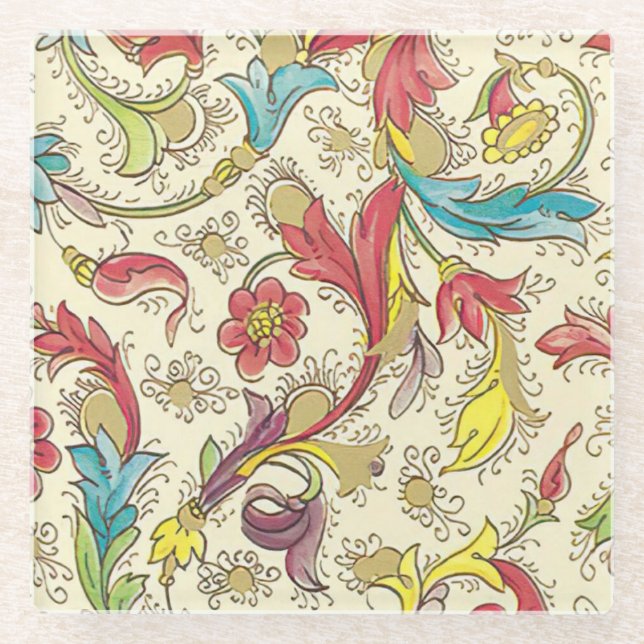 Italian Florentine Flourishes Pattern Glass Coaster (Front)
