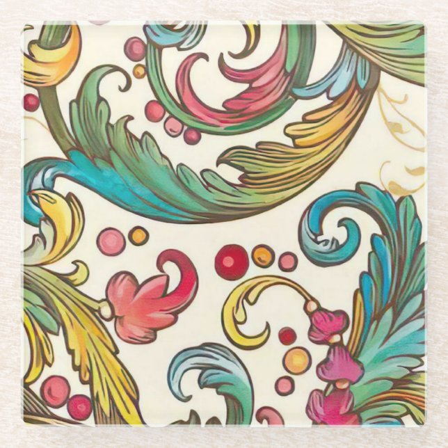 Italian Florentine Flourishes Pattern Glass Coaster (Front)