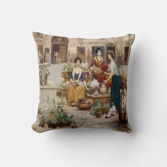 Italian Flower Market Italy in 1900 Throw Pillow (Front)