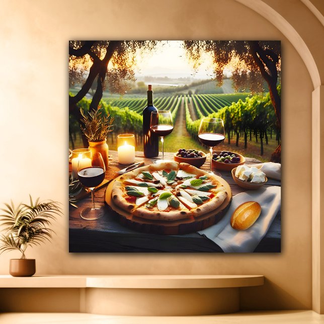 Italian Food and Wine Fine Art  (Italian fine art painting featuring a pizza with wine on a lovely summer evening at the vineyard)