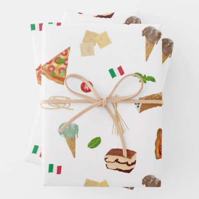 Italian Food Pizza Pasta Tiramisu Pattern Wrapping Paper Sheets