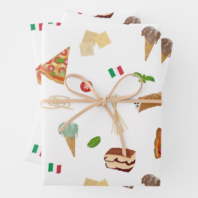 Italian Food Pizza Pasta Tiramisu Pattern Wrapping Paper Sheets (In situ)