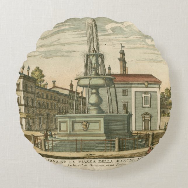Italian Fountain in Town Square by Falda Round Pillow (Front)