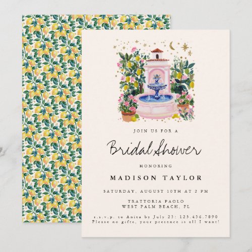 Italian Garden Lemon Fountain Summer Bridal Shower Invitation