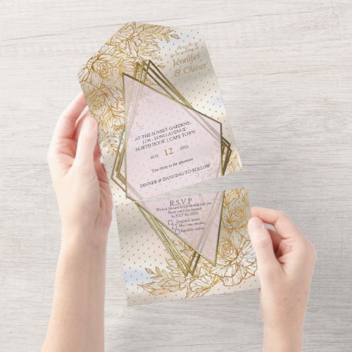 Italian Gardens  Gold Rose line drawing decor All In One Invitation