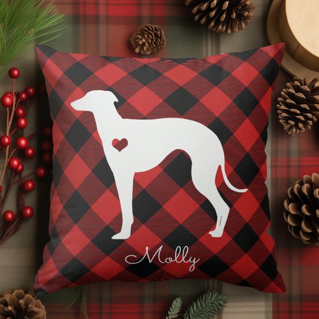 Italian Greyhound Christmas Plaid Dog Name Throw Pillow (Creator Uploaded)