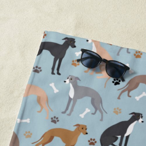 Italian Greyhound Dog Bones and Paws Beach Towel