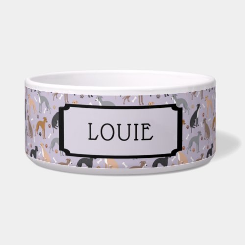 Italian Greyhound Dog Bones and Paws Custom Name Bowl