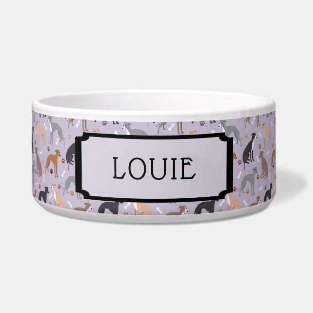 Italian Greyhound Dog Bones and Paws Custom Name Bowl (Front)