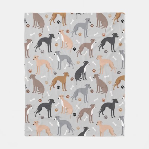 Italian Greyhound Dog Bones and Paws Fleece Blanke