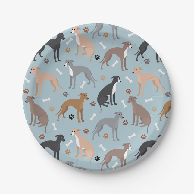 Italian Greyhound Dog Bones and Paws Paper Plate (Front)