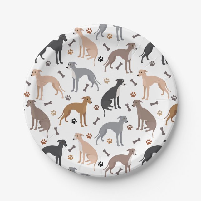 Italian Greyhound Dog Bones and Paws Paper Plate (Front)