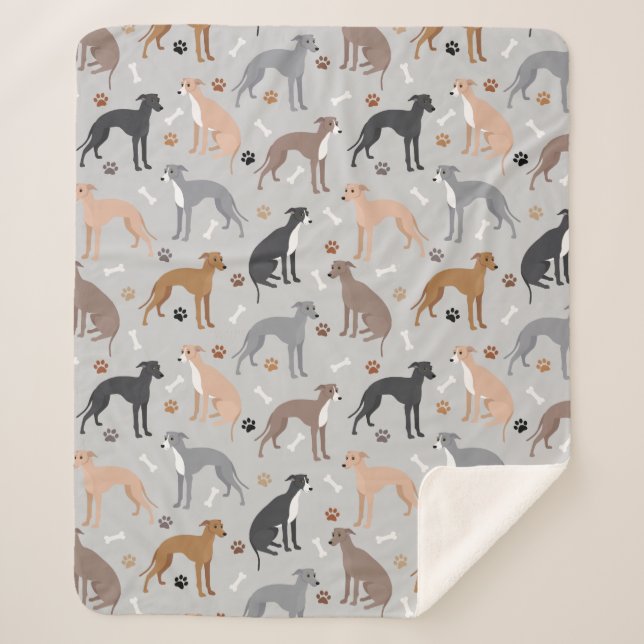 Italian Greyhound Dog Bones and Paws Sherpa Blanke Blanket (Front)