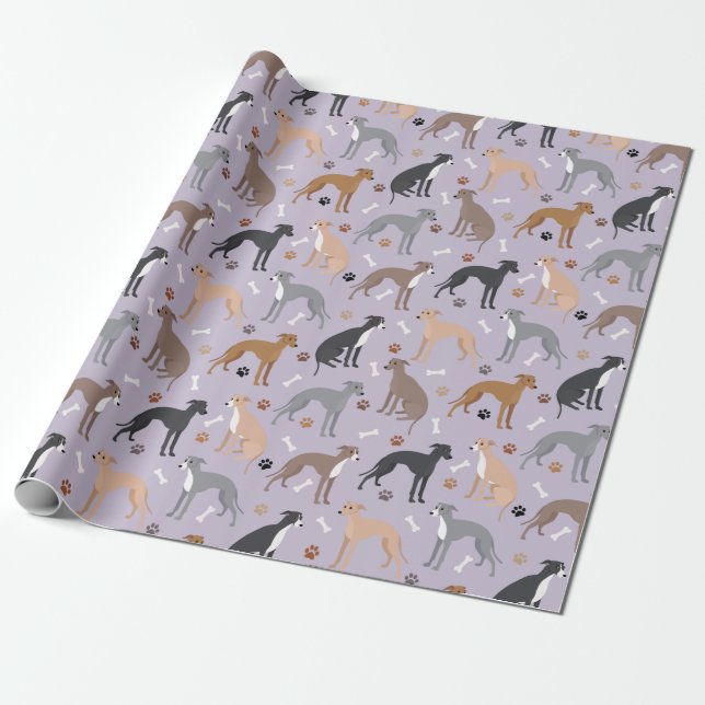 Italian Greyhound Dog Bones and Paws Wrapping Paper (Unrolled)