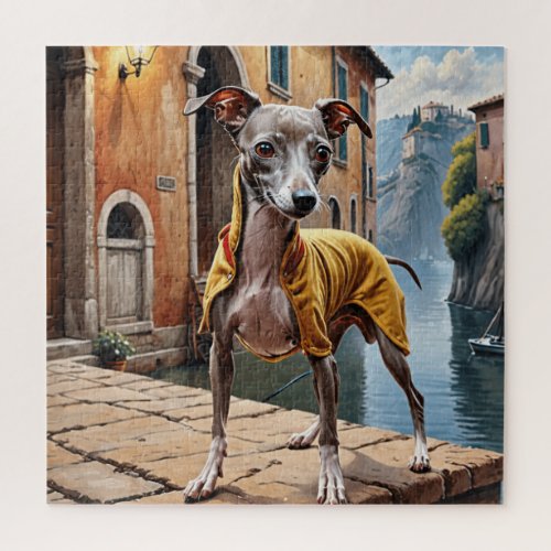 Italian Greyhound Dog in Yellow Jacket Jigsaw Puzzle