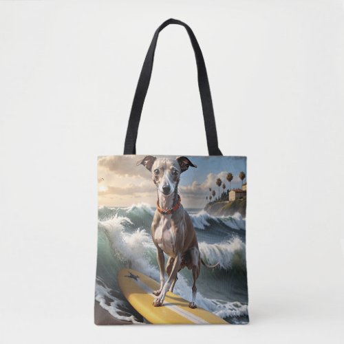 Italian Greyhound Dog on Surfboard Tote Bag