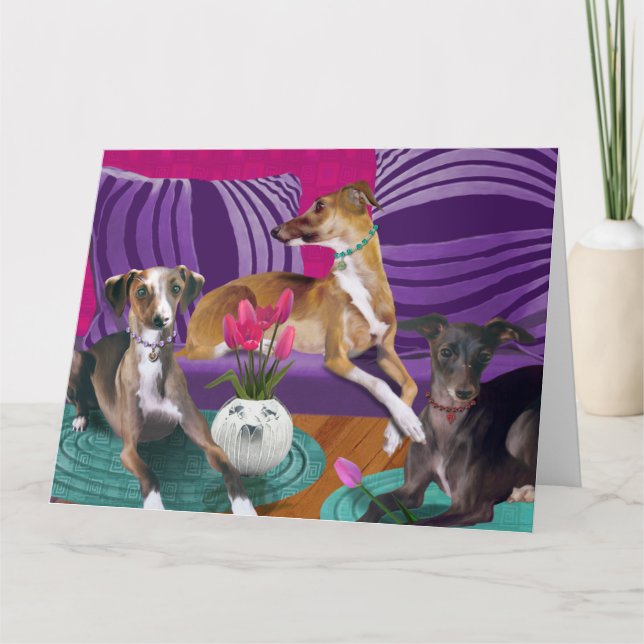 Italian Greyhound Dog Portrait, Colorful Pet Scene Card (Front)