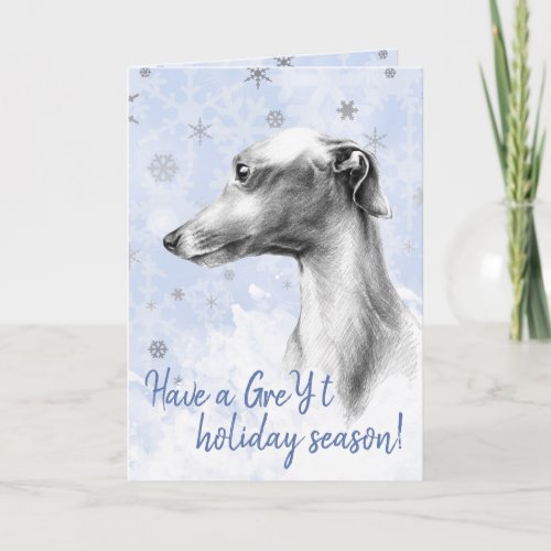 Italian Greyhound dog portrait Snowflakes in blue Card