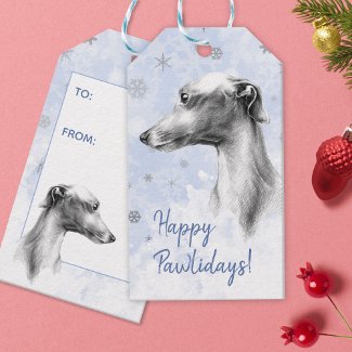 Italian Greyhound dog portrait Snowflakes in blue