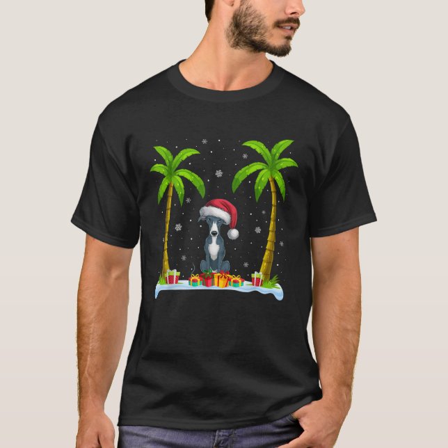 Italian Greyhound Dog Santa Hat Palm Tree Beach Xm T-Shirt (Front)