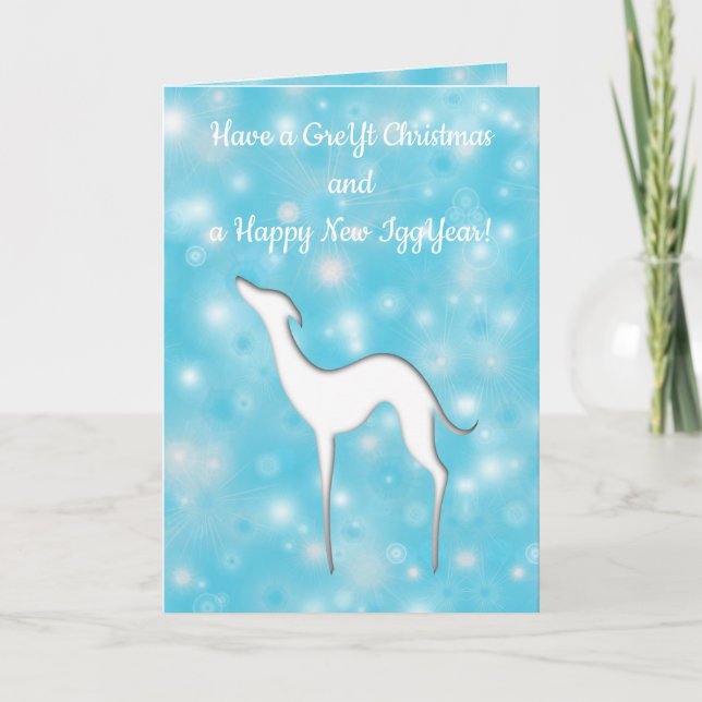 Italian Greyhound Dog silhouette Fun text on blue Holiday Card (Front)