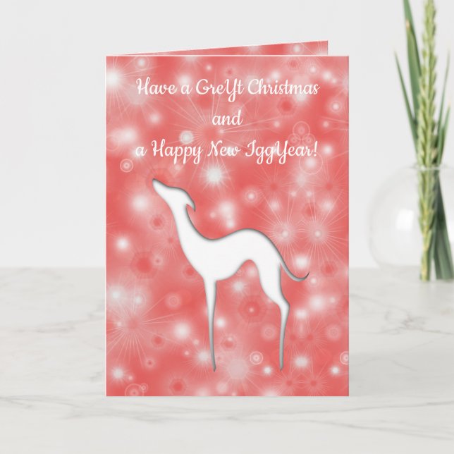 Italian Greyhound Dog silhouette Fun text on red Holiday Card (Front)