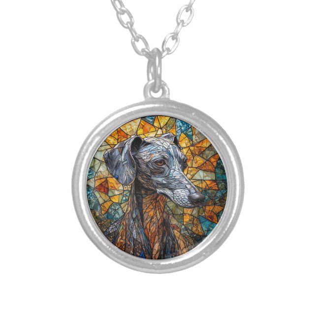 Italian Greyhound dog Stained Glass Art Silver Plated Necklace (Front)