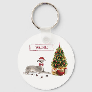 Italian Greyhound Funny Christmas Dog with Tree Keychain