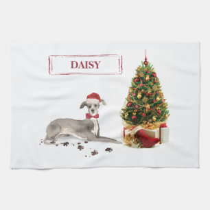 Italian Greyhound Funny Christmas Dog with Tree Kitchen Towel