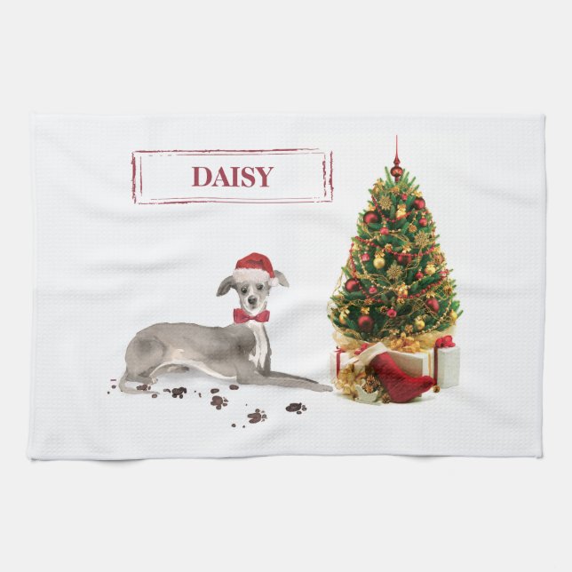 Italian Greyhound Funny Christmas Dog with Tree Kitchen Towel (Horizontal)