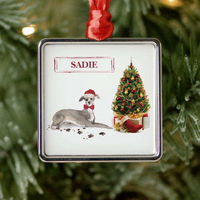 Italian Greyhound Funny Christmas Dog with Tree Metal Ornament (Tree)