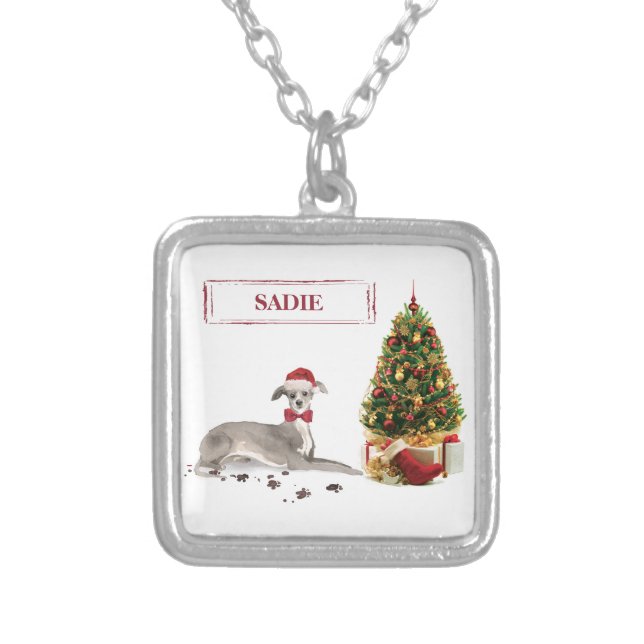 Italian Greyhound Funny Christmas Dog with Tree Silver Plated Necklace (Front)