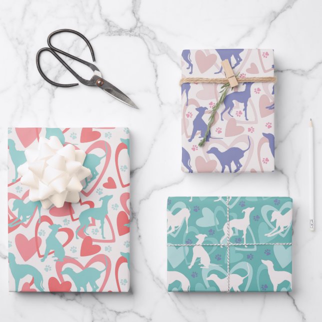 Italian greyhound Hearts Paw Cute Dog Love Pattern Wrapping Paper Sheets (Front)