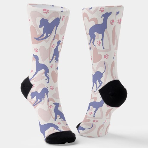 Italian Greyhound Hearts Paws Periwinkle Pattern Socks
