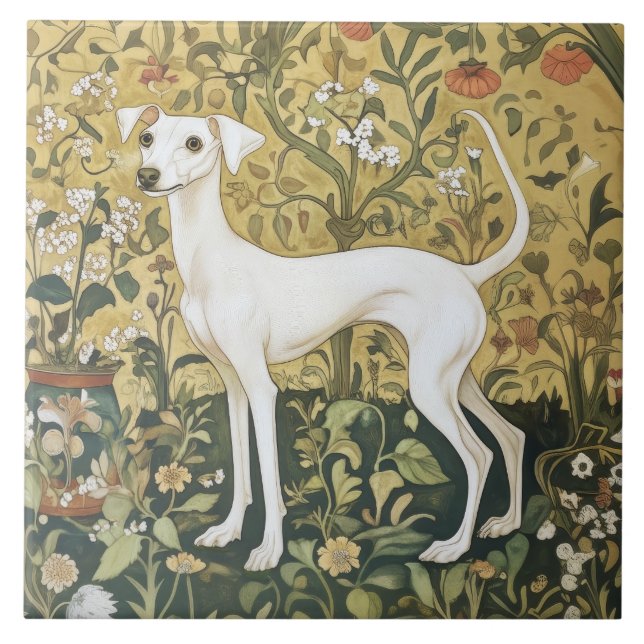 Italian Greyhound or Whippet in a Vintage Garden Ceramic Tile (Front)