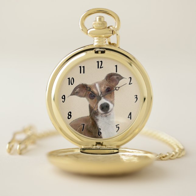 Italian Greyhound Painting - Cute Original Dog Art Pocket Watch (Inside)