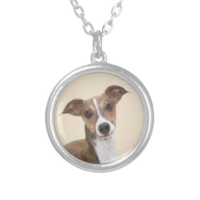 Italian Greyhound Painting - Cute Original Dog Art Silver Plated Necklace (Front)