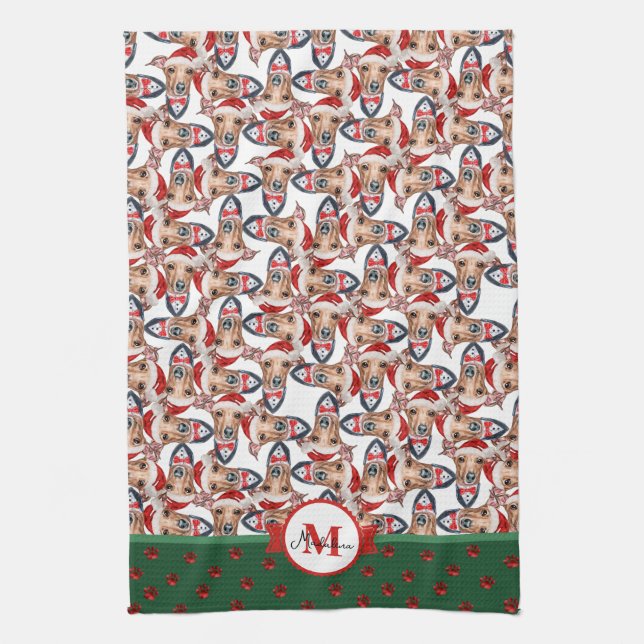 Italian Greyhound Pattern Monogram Christmas Dog Kitchen Towel (Vertical)