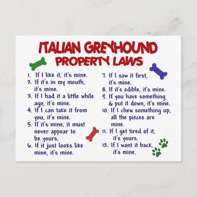ITALIAN GREYHOUND Property Laws Postcard (Front)