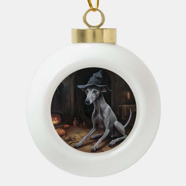 Italian Greyhound Pumpkins Halloween Scary  Ceramic Ball Christmas Ornament (Front)
