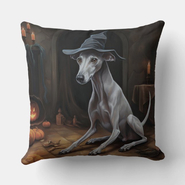 Italian Greyhound Pumpkins Halloween Scary  Throw Pillow (Back)